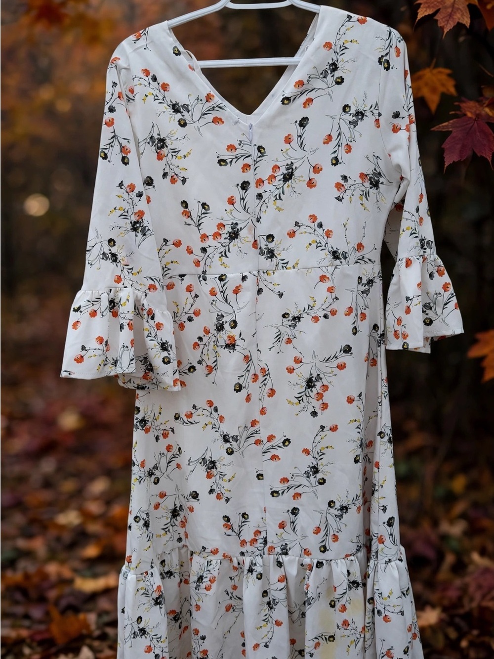 Floral V-Neck Ruffled Sleeve Maxi Dress - White with Orange Floral